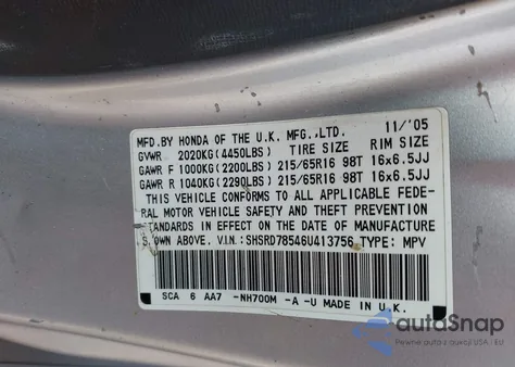 2006 Honda Cr-V Lx из США, поврежденный, VIN SHSRD78546U413756